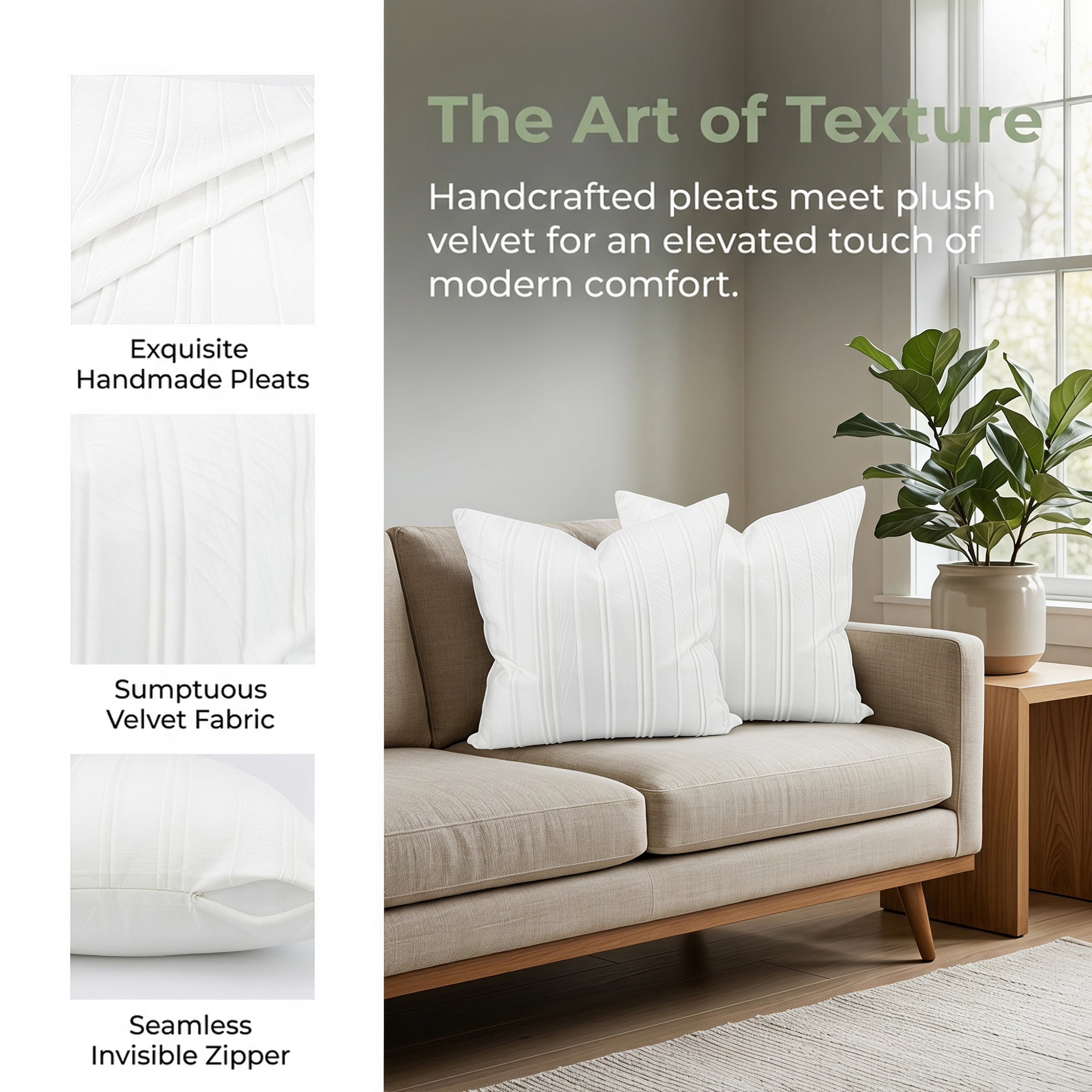 Unique Bargains 2Pcs Pleated Textured Throw Pillow Covers Couch Cushion Cases White 18" x 18"