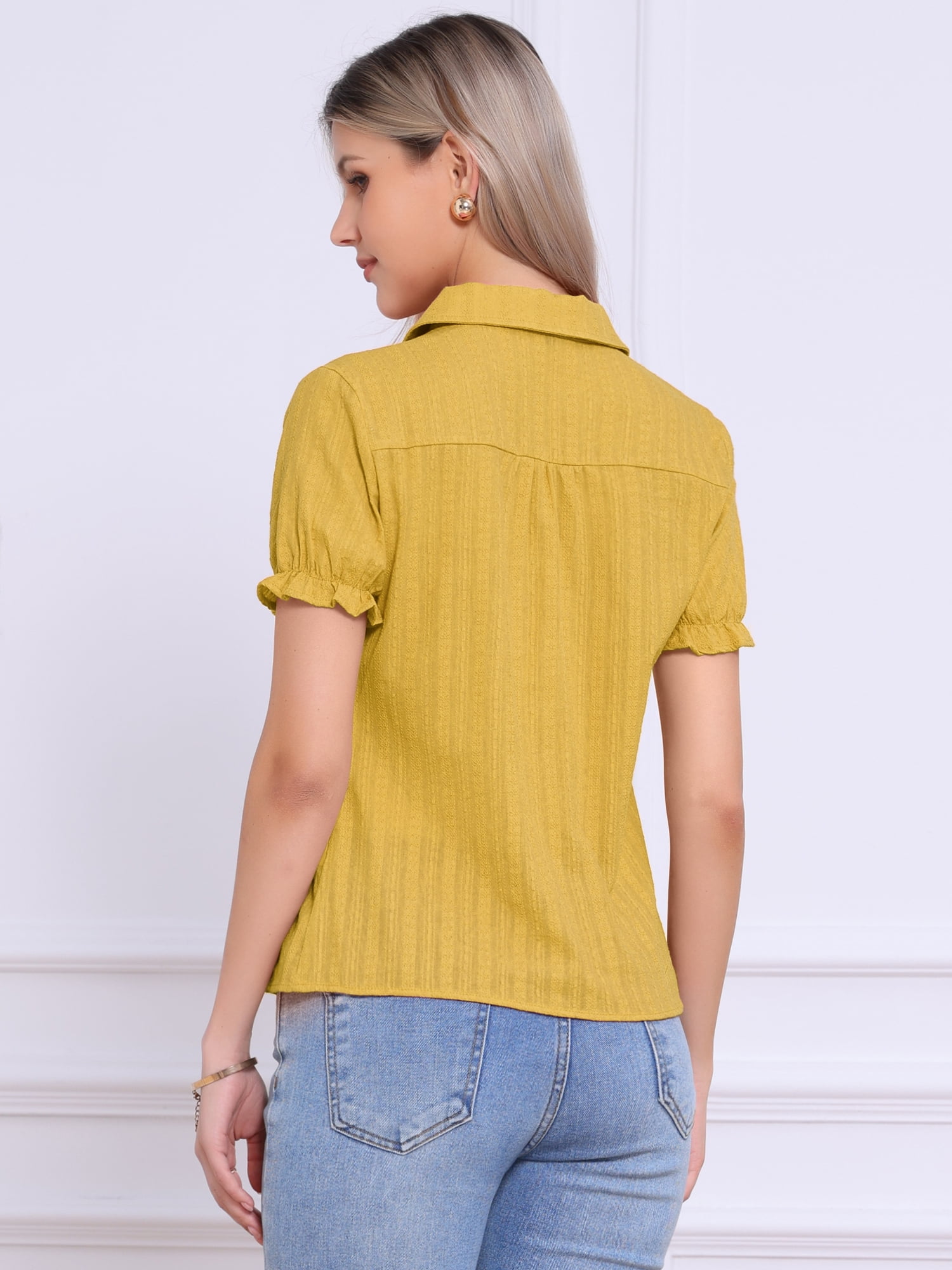 DARING DIVA Women's Collar Shirt Cotton Short Sleeve Button Down Shirt XL Ginger Yellow