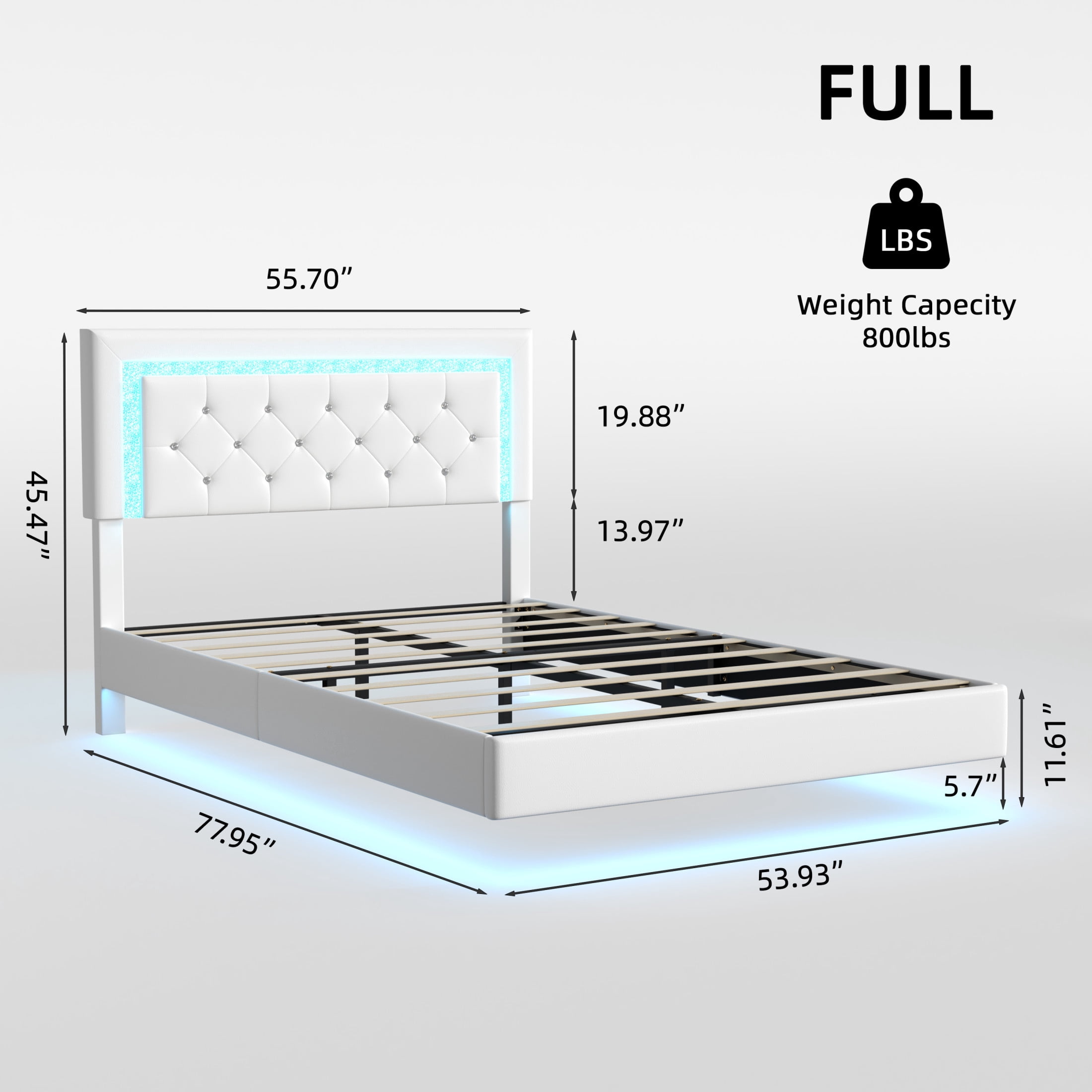 Noble House Elliana Full Size Upholstered Floating Platform Bed Frame with Diamond Tufted Headboard, LED Lights, Beige White
