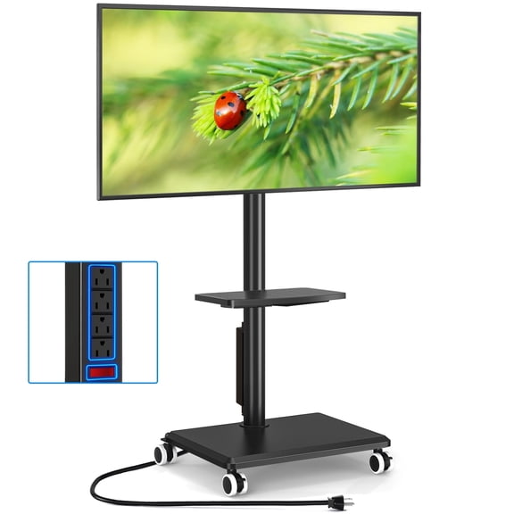 RTVR Sleek Rolling TV Stand with Power Outlet, Strong Tall Mobile TV Cart with Mount Up to 88 lbs, Height Adjustable Portable TV Stand on Wheels for 32-60 Inch TVs, Black