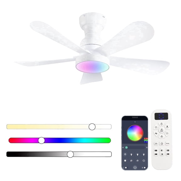 42 Inch Ceiling Fans with Lights and Remote/App Control, Flush Mount Ceiling Fan with RGB Dimmable Light, Noiseless Modern White Small Ceiling Fan for Bedroom Indoor/Outdoor