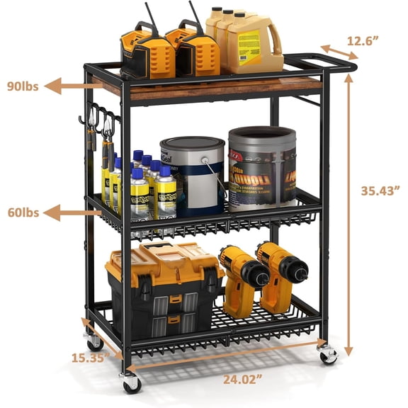 Microwave Kitchen Cart with Push Handle, 3 Tier Rolling Storage Rack for Home Office
