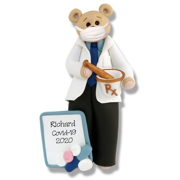 Pharmacist Belly Bear w/Face Mask Personalized Pandemic Ornament