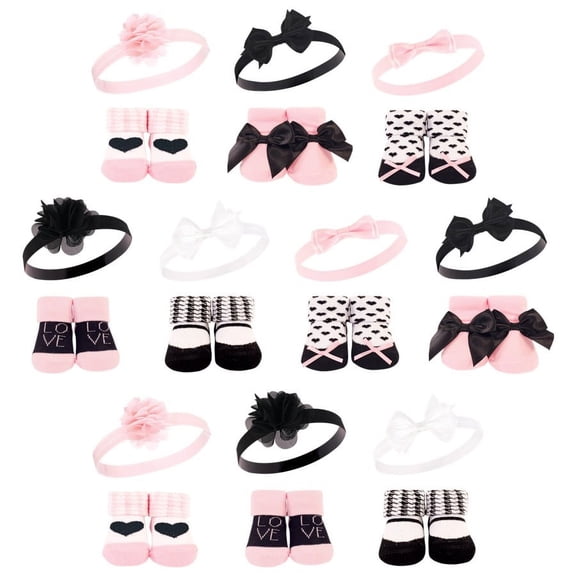 Hudson Baby Infant Girl 20Pc Headband and Socks Giftset, Pink Black Love, One Size