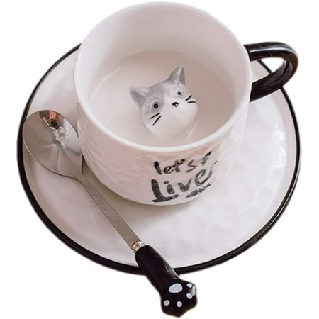 

DanceeMangoo 7 Oz Porcelain Cup and Saucer Set with Spoon Cute Kitten Statue in the Cup.