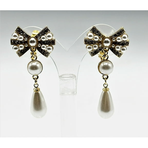 Clip on 2" gold dangle bow earrings with white pearls and clear stones