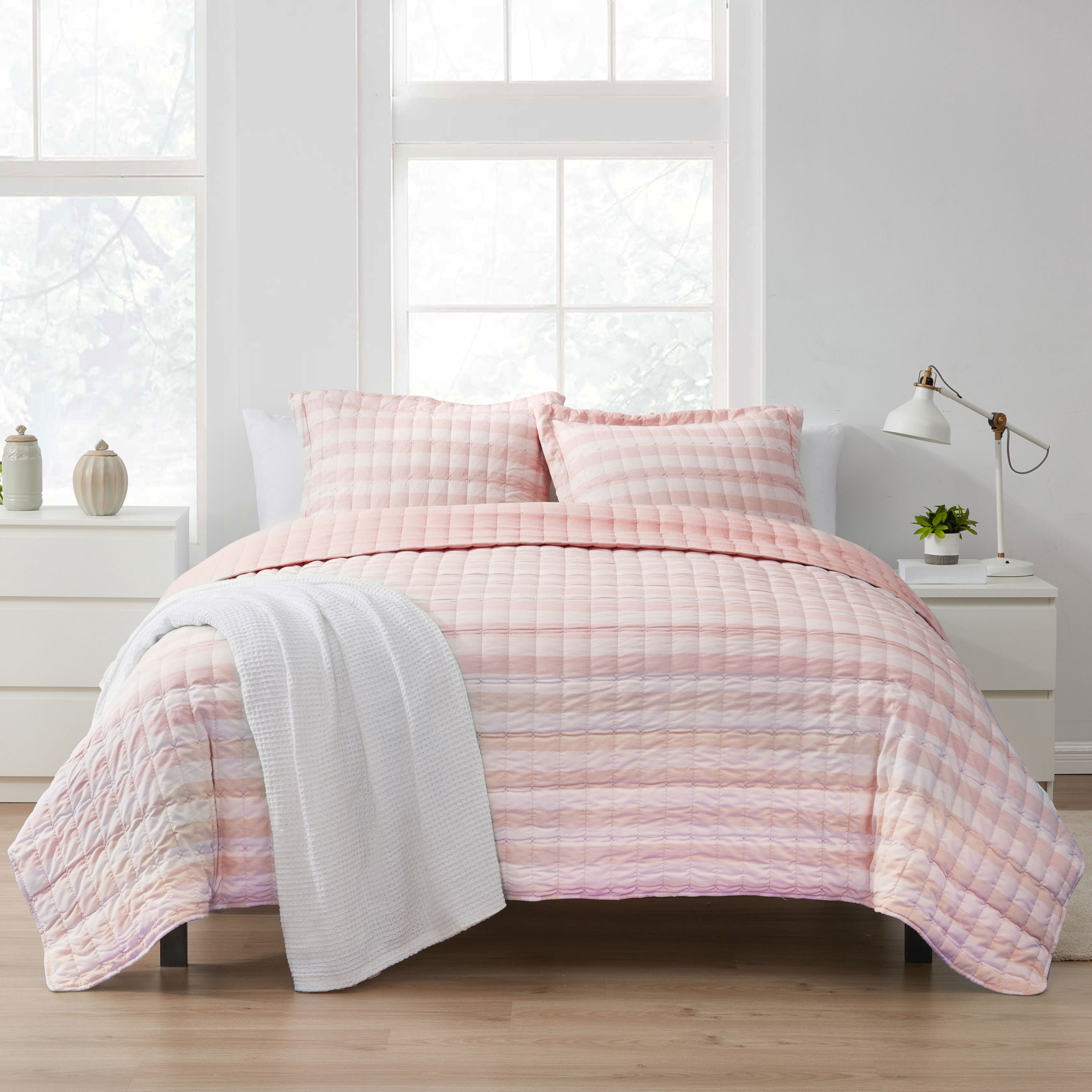 Sweet Home Collection 3 Piece Embroidered Checkered Quilt and Pillow Sham Set King Light Burgundy