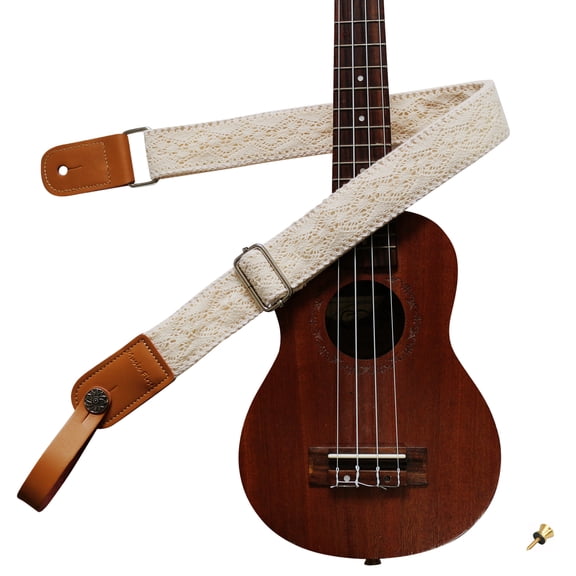 MUSIC FIRST Original Design Cream Graceful & Vintage "Lace" Soft Lace & Genuine Leather Ukulele Strap Ukulele Shoulder Strap With a MUSIC FIRST Genuine Leather Strap Locker