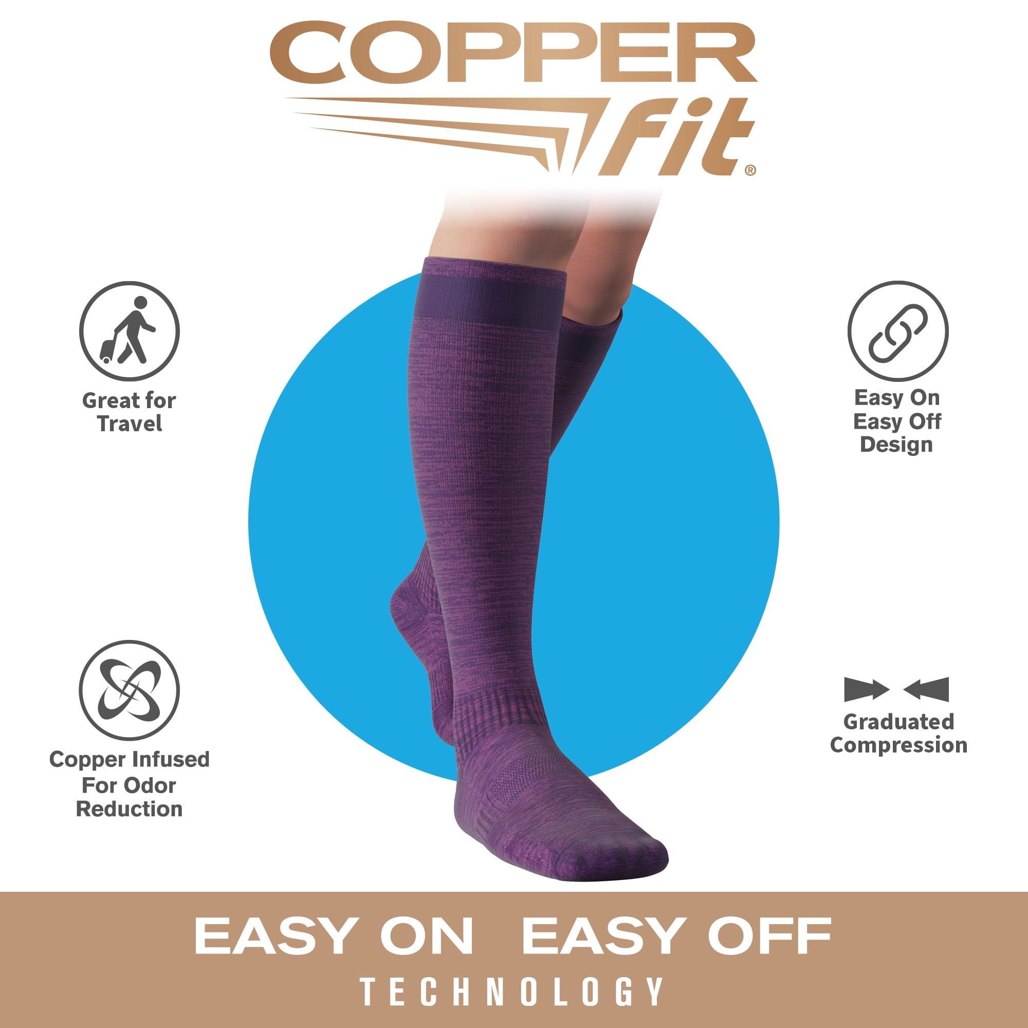 Copper Fit® Compression Socks, Copper Infused Easy-On/Off, 1-pair, Unisex, Heather Purple, S/M