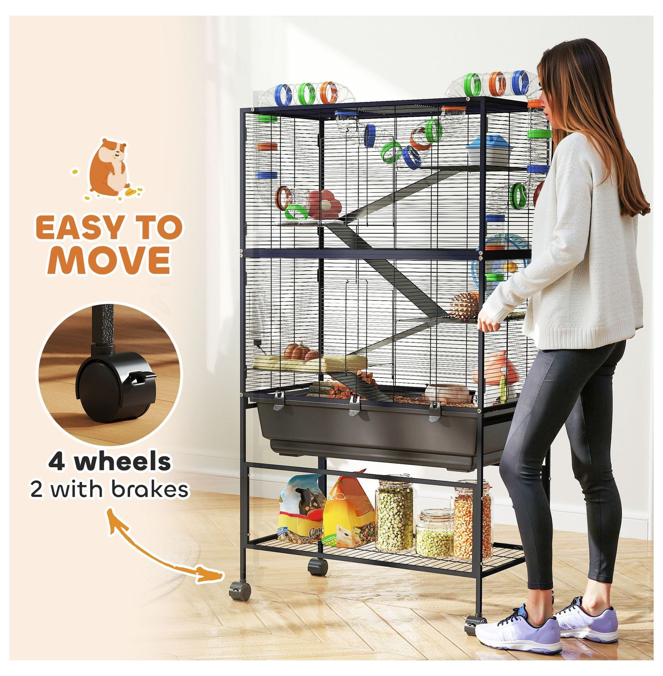 Hamster Cage 5 Tier, Rat Cage Rolling with Deep Tray & Shelf, Exercise Wheel & Tubes - Syrian Hamster Gerbil Habitats