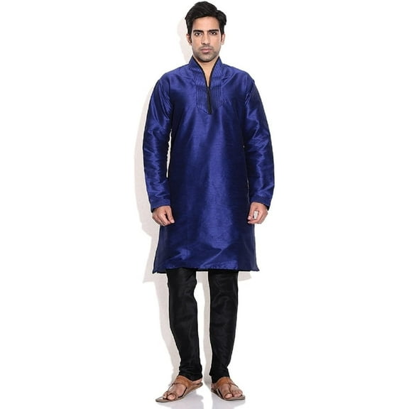 Royal Men's Silk Blend Blue Hineck Emboirdered Kurta Churidar