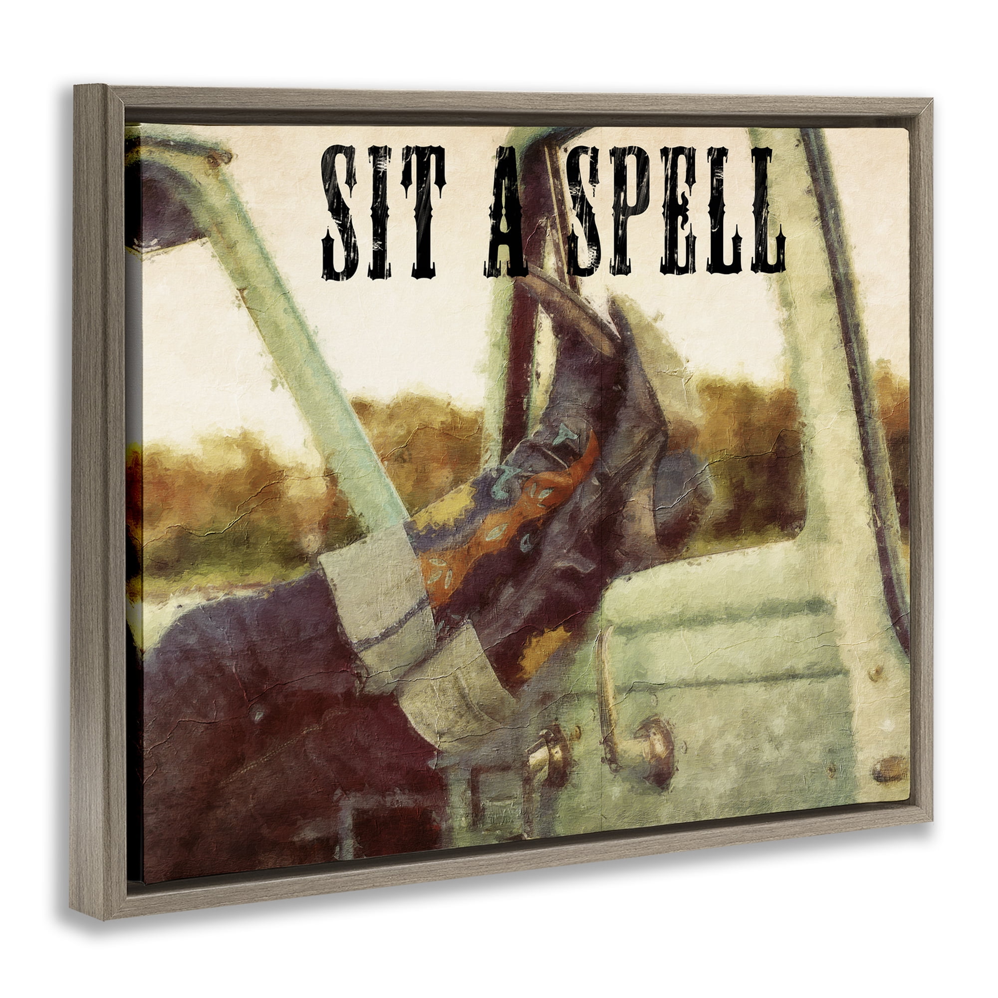 Stupell Industries Sit A Spell Cowboy Typography Painting Brown Floater Framed Art Print Wall Art, 21 x 17