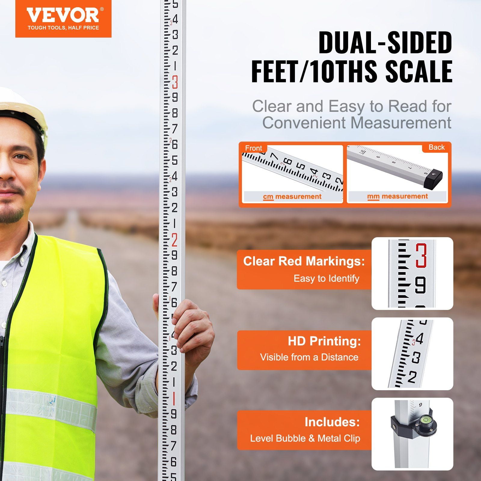 16ft Aluminum Telescopic Leveling Rod, 4-Section Survey Stick w/ Bubble Level & Carrying Case - Double-Sided 1/10ft Scale for Floor/Wall