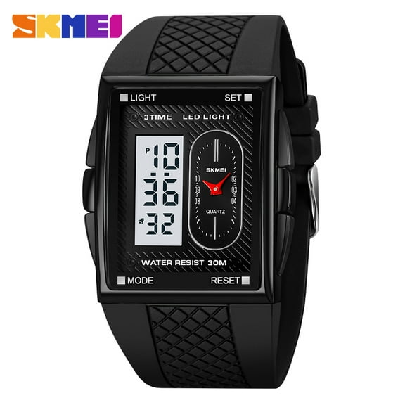 Skmei Unisex Digital Bracelet Watch Backlight Mens Women Square Alarm LED Black Rubber Watchband Sports Outdoor Waterproof Watch,Black silver