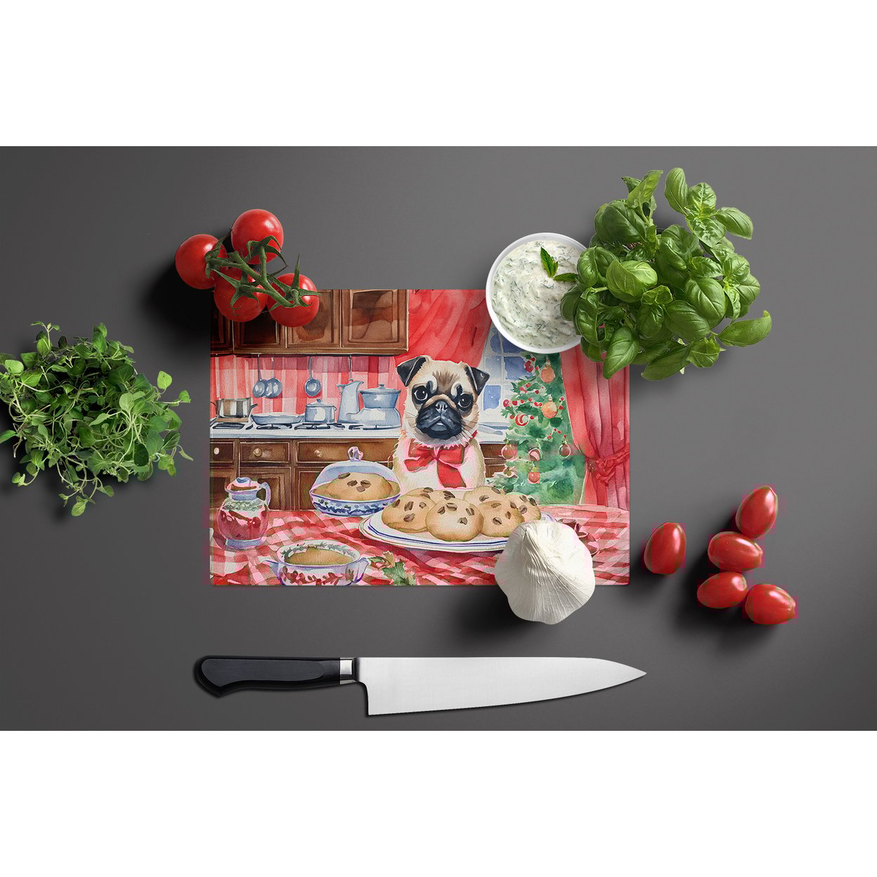 thumbnail image 3 of Pug Christmas Cookies Glass Cutting Board 12 in x 15 in, 3 of 5