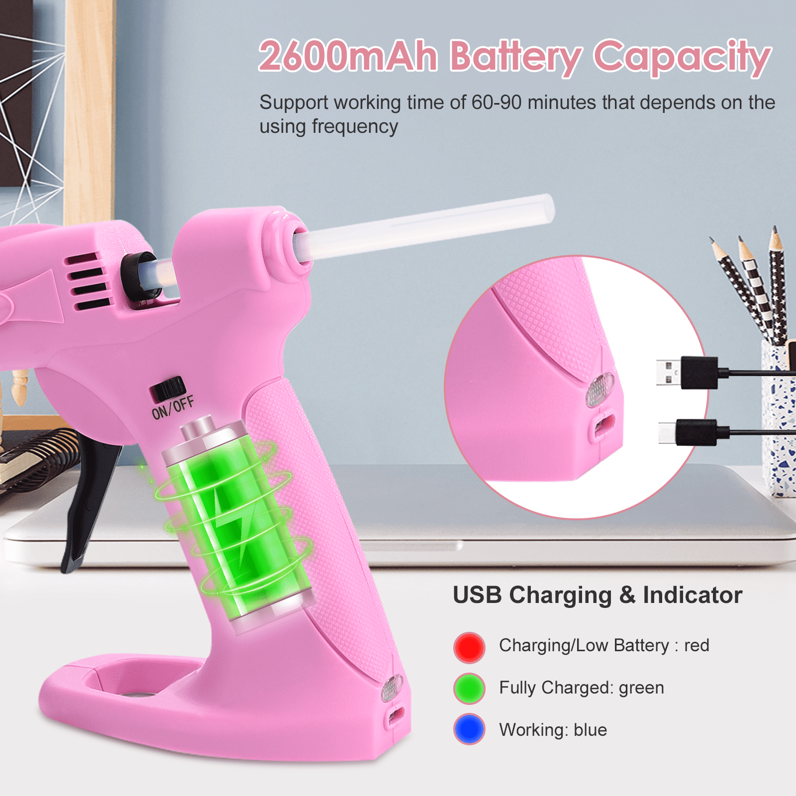 Uarter Hot Glue Gun Cordless Full Size 2600mAh USB Rechargeable LED Digital Hot Melt Glue Tool with Stand, 30 Glue Sticks & 6 Finger Protectors - Pink
