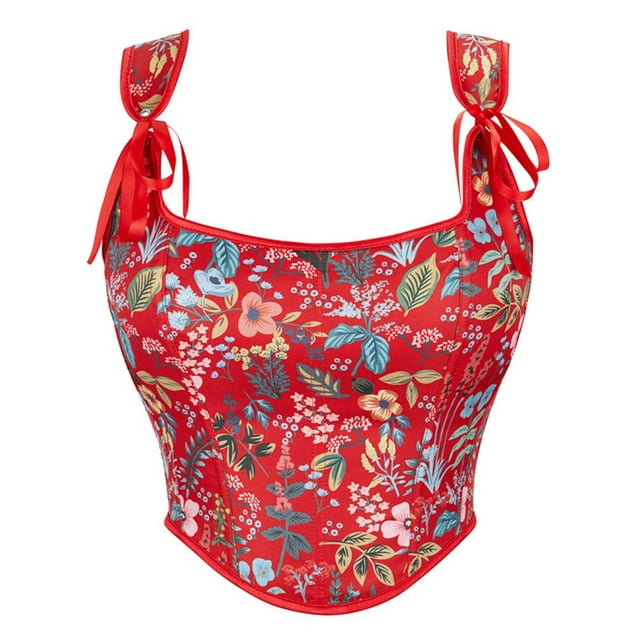 Corset Renaissance pour Femmes, Bustier Corset Élégant Vintage à Manches Cap en Brocart Haut (Rouge, P)