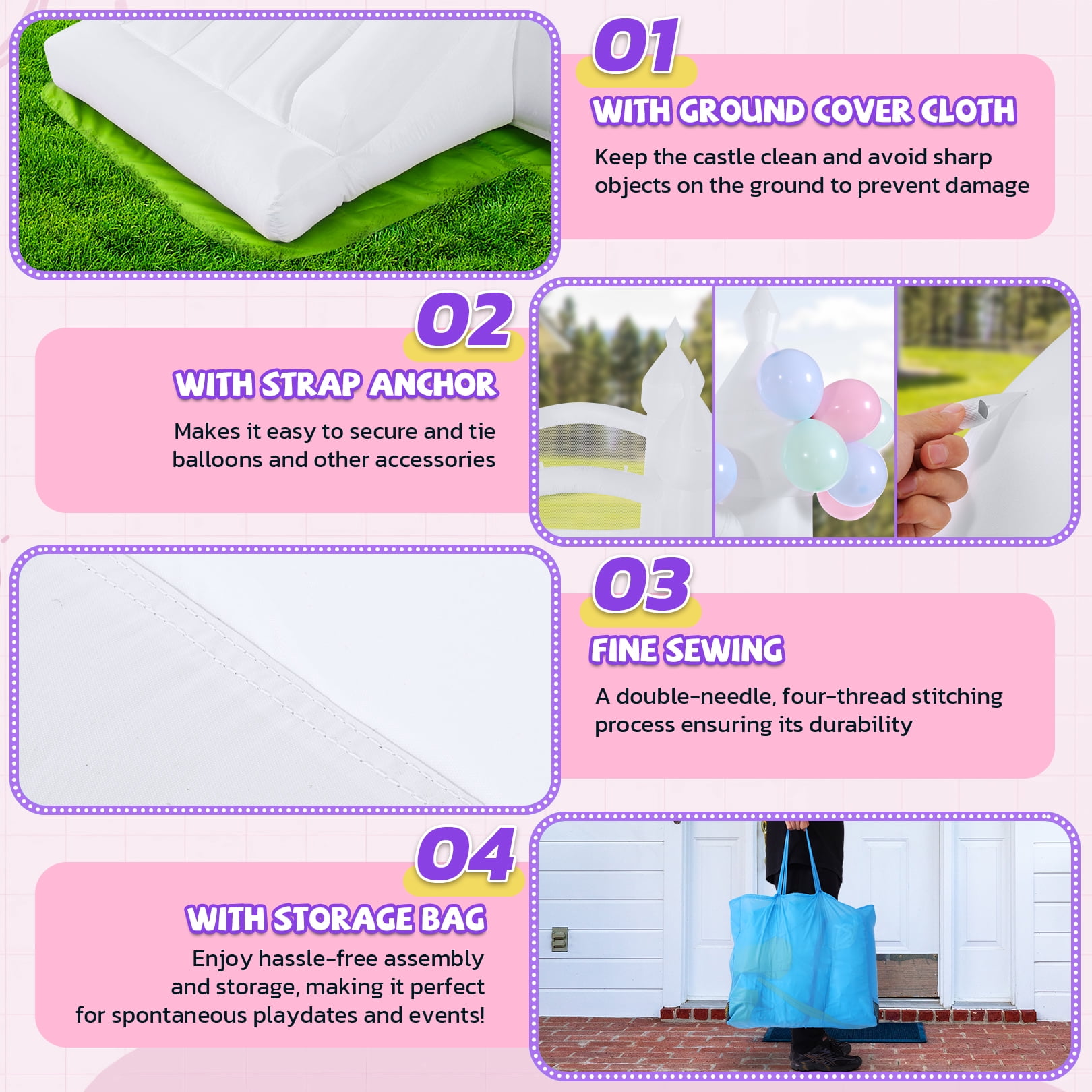 Adnoom Inflatable Bounce House for Kids 3~10, Bounce House with Slide, White Jumping Castle with 210D Ground Cloth, Bouncy House for Wedding, Party, Gift Decoration, Indoor & Outdoor, without Blower