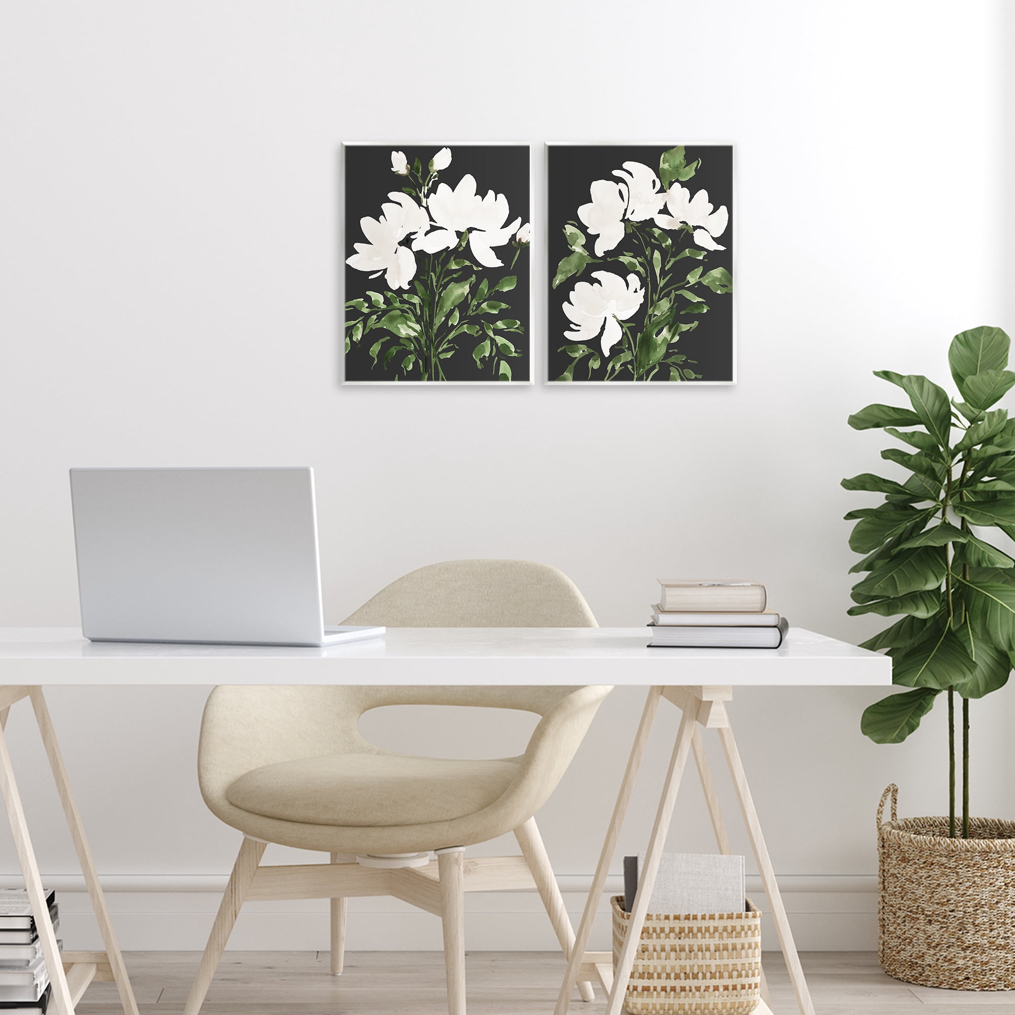 Stupell Industries White On Black Blooms 2 Piece Wall Plaque Art Set, design by Lucille Price