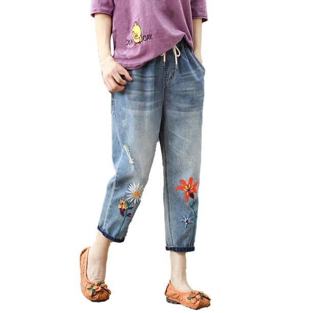 Gibobby Jeans dama talla extra Mujer Casual Cómodo Bordado Literario Elástico Cintura Alta Corte Pantalones Jeans(Rojo,XL)