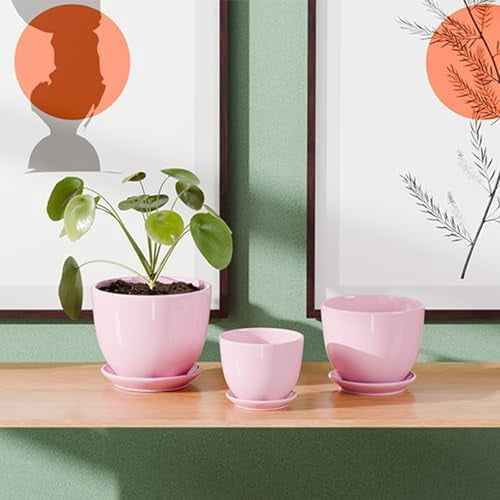 Pink Ceramic Flower Pots, Indoor Decorative Plant Pots Set of 3, 4"+5"+6" Inch Glazed Succulent Planters with Drainage Hole, Modern Garden Pots with Saucer