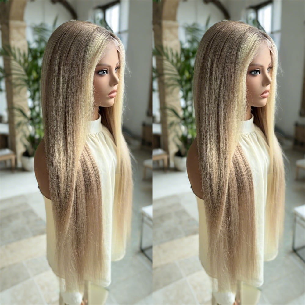 Tender Pearl Beige Blonde Highlight Roots Dark Virgin Human Hair Wigs Balayage Long Straight Wig Human Hair With Baby Hair Glueless Invisible HD Transparent Lace Front Human Hair Wigs 180% Density