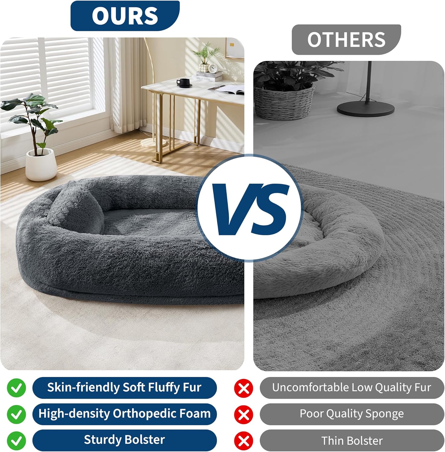Acekid Human Dog Bed 67 Inch Adult Pets No Assembly Required Washable Fluffy Faux Fur Orthopedic Dog Bed Plump Pi