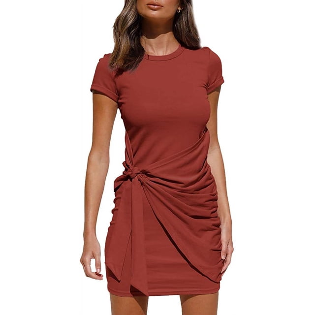 Vestido de verano para mujer, informal, de manga corta, 2022, cuello redondo, ceñido al cuerpo, con lazo fruncido en la cintura, minivestidos Adepaton WMZL-907-20