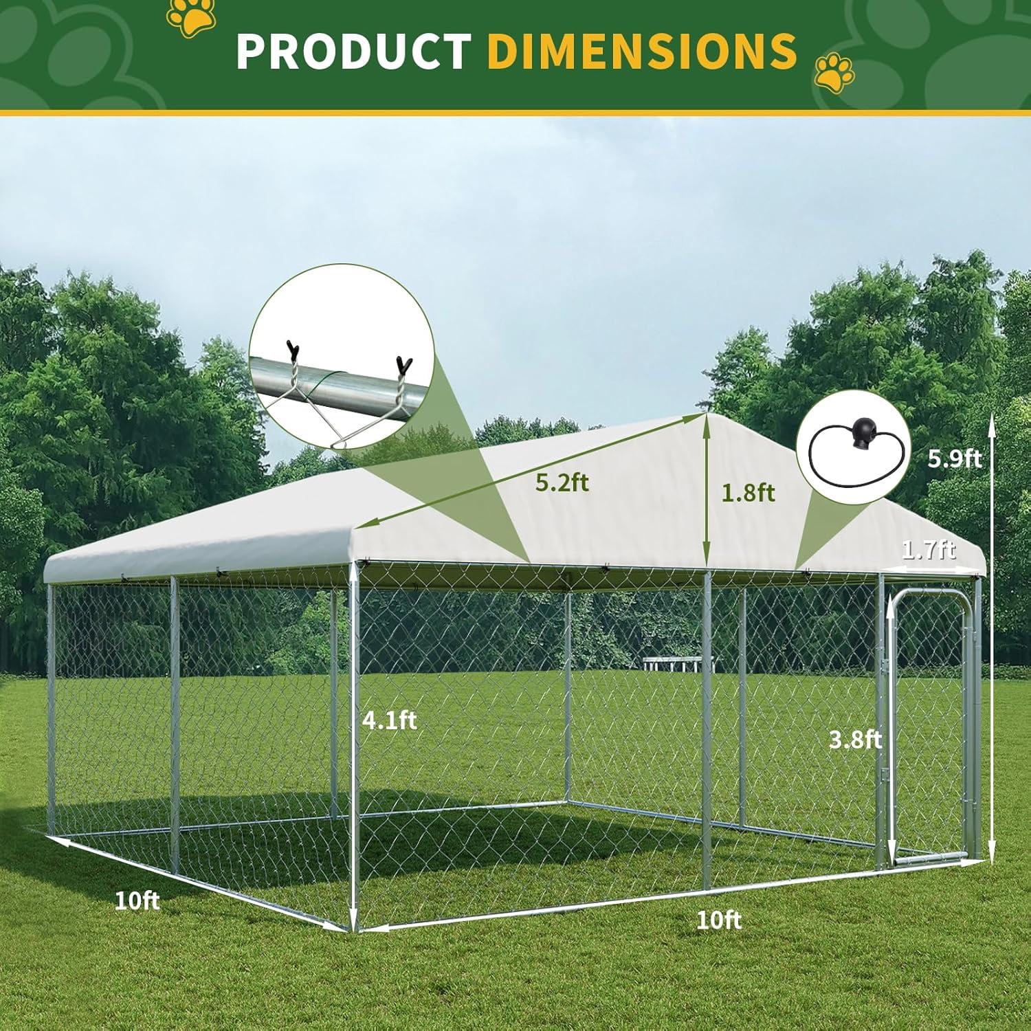 SELOOYE Outdoor Large Dog Kennel 10 x 10 FT, Heavy Duty Dog Enclosure with UV & Rain-Proof Fully Covered Roof, Rustproof Metal Mesh, Double Security Locks