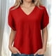 thumbnail image 2 of Camisetas Casuales de las Mujeres de Moda Suelta Manga Corta V-Cuello Superior con Doble Capa Arrugado Detalle, Suave Poliéster Color Sólido Blusa para el Uso Diario, Camisetas de Cuello en V de las, 2 of 9