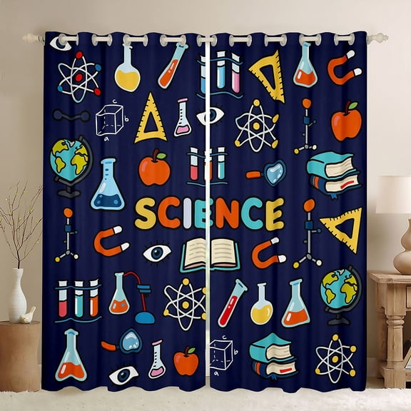Homewish Science Chemistry Black Out Curtains,Colorful Cartoon Pattern Curtains Pack of 2 (42x63 Each),Deepblue Blue Orange Bedroom Curtains For Boys Kids,Microfiber Bedroom Decor