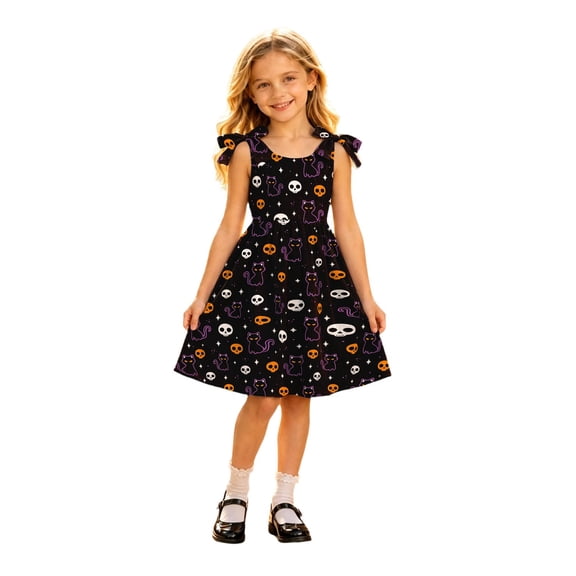 WERYOUNG Halloween Girls Suspender Dresses Cartoon Skeleton Sleeveless Crewneck Dresses For Girls Kids Holiday Party Soft Sundress 3-4 Years