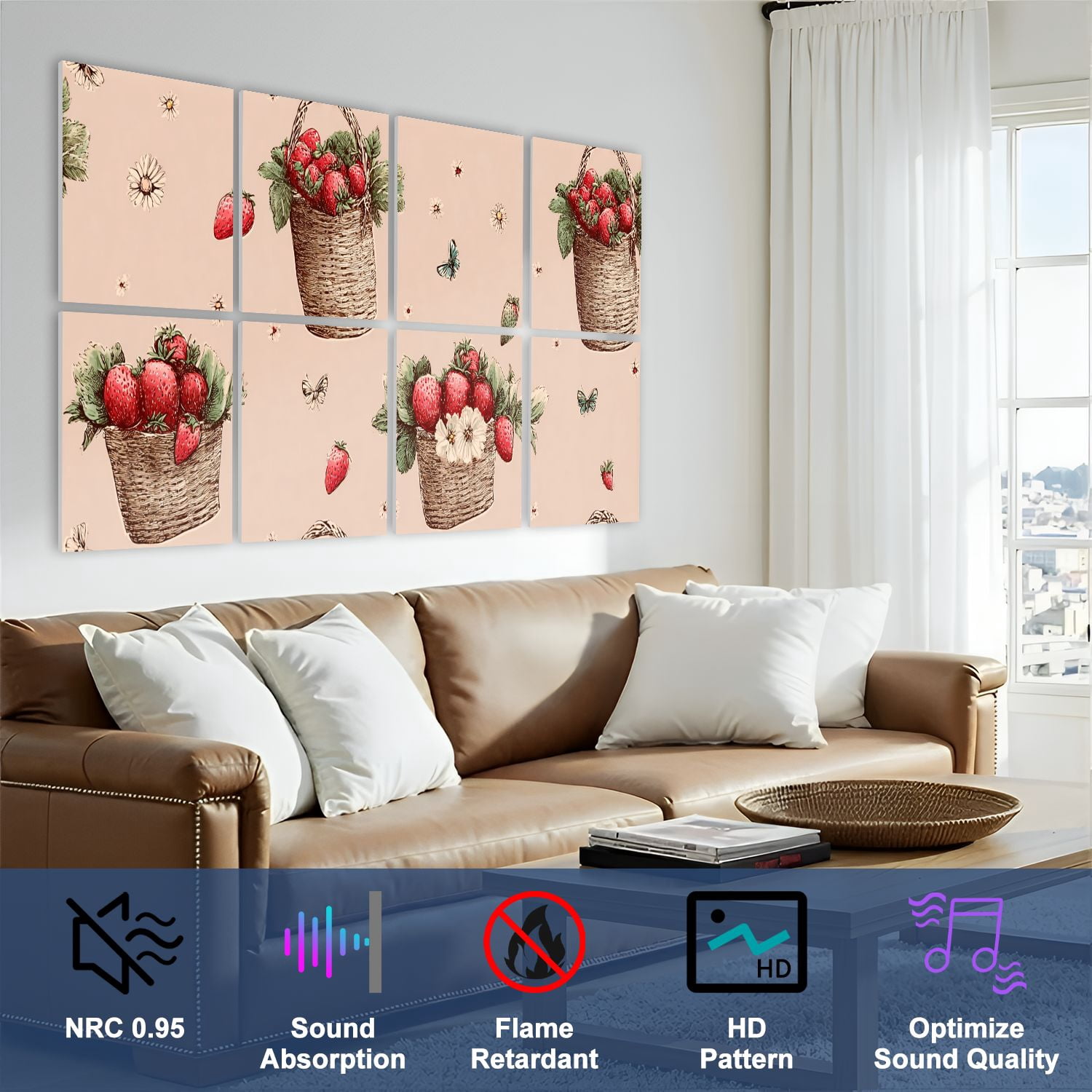 8 Pack Art Acoustic Panels Sound Absorbing Strawberry Baskets Flowers Butterflies Seamless Beige Decorative Soundproof Wall Panels Self Adhesive for Nursery Game Room Bedroom 48"x32"