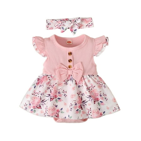 

elfinBE Baby Girl Printed Ruffle Fly Sleeve Cute Romper And Hair Band 2PCs Outfit 0-24 Months 2-3T