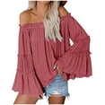 thumbnail image 1 of HongQid Womens Off The Shoulder Long Bell Sleeve Tops Flared Casual Loose Blouse, 1 of 6