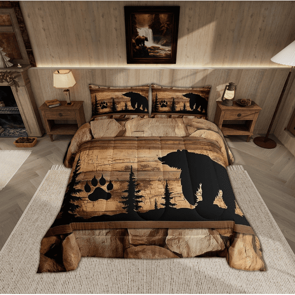 Black Bear Comforter Set King Brown Wooden Plank Bedding Set,Animal Paw Print Pine Trees Quilt Woodland Wildlife Retro Patchwork Duvet Insert,Lodge Cabin Farmhouse Rustic Home Decor