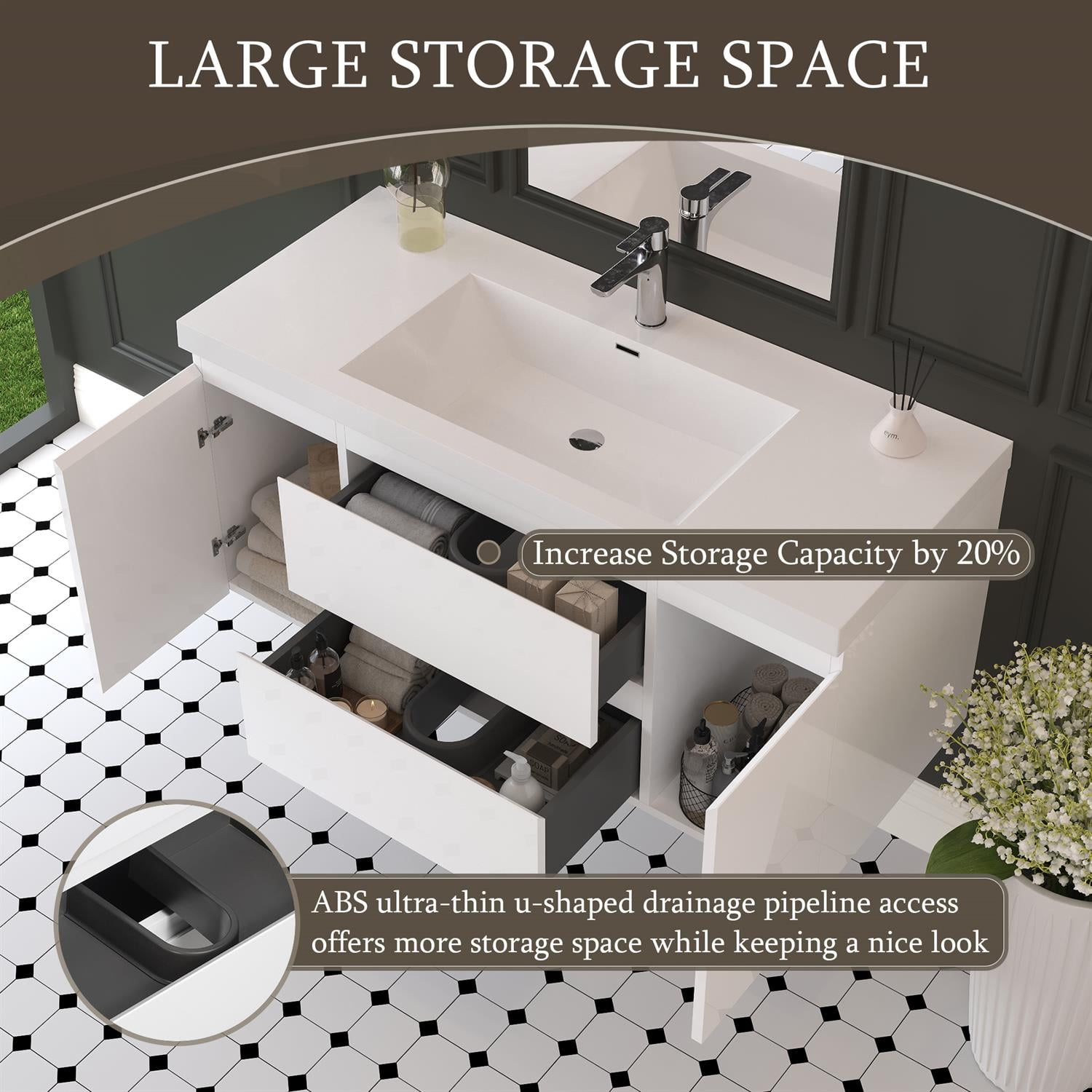 Demi Bonn 48" Floating Bathroom Vanity with Sink, Resin Top Basin and 2 Soft Close Drawers, 2 Storage Cabinet, Faucets and Drains Not Included, White