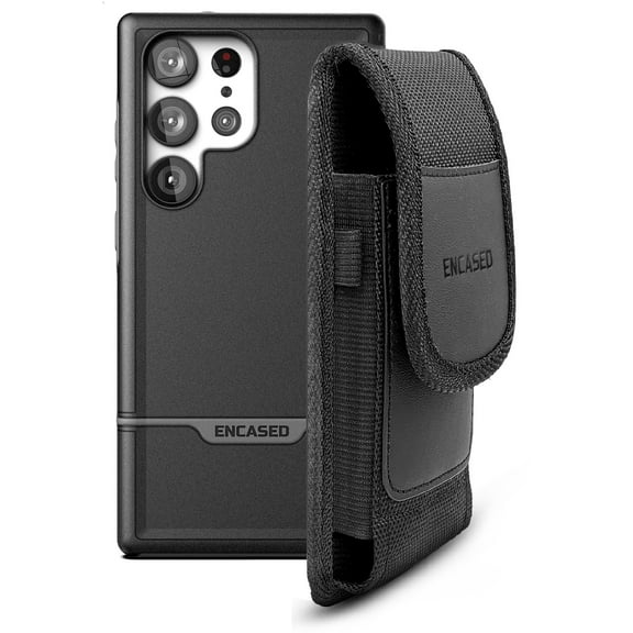 Encased Phone Pouch with Shockproof Case for Samsung Galaxy S23 ULTRA - Rebel Armor with Ballistic Nylon Carrying Holster (Black)