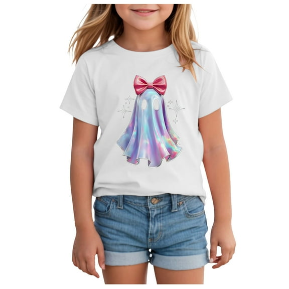 Staki Toddler Graphic Tees Girls Kids Halloween Shirt Girls Graphic Tees Toddler Halloween Short Sleeve Top(White,4-5 Years)