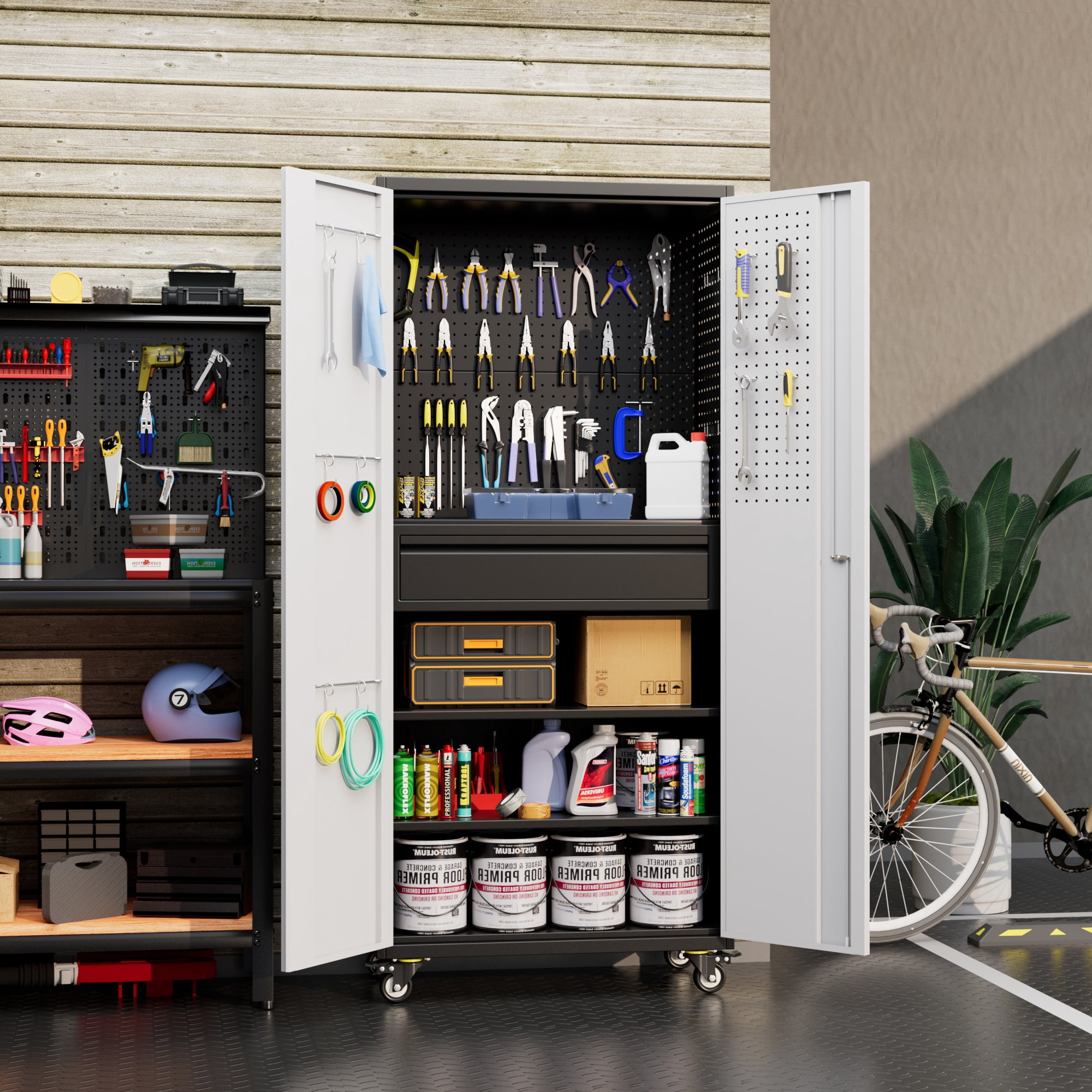 Aobabo 71" H Metal Garage Cabinet with Wheels with 5 Pegboards & 1 Drawer,Lockable Steel Tool Storage Cabinet for Garage,Home,Office,Warehouse,Assembly Required,Black+Gray
