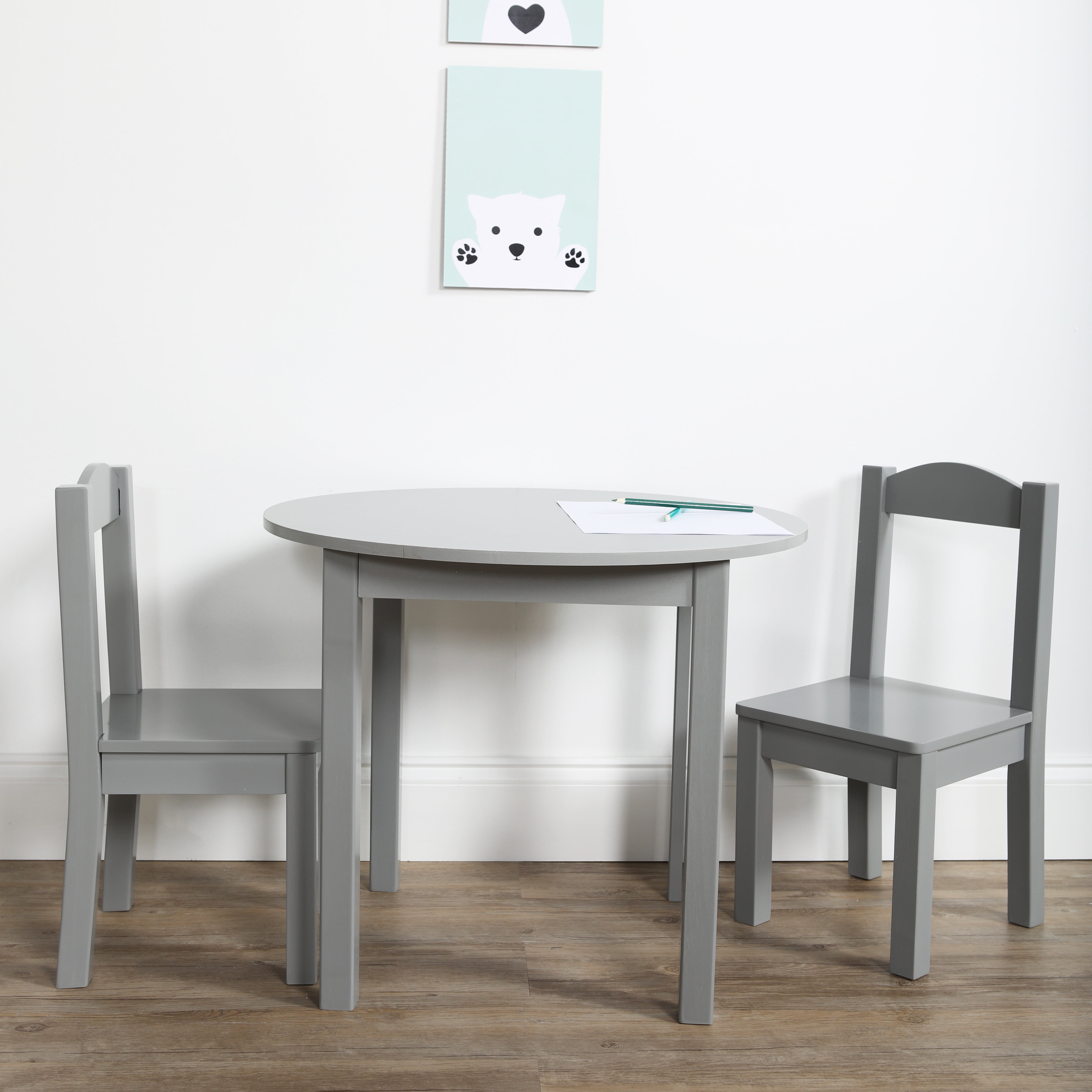 Tot Tutors Inspire 3 Piece Wood Kids Round Table Chairs Set In Grey