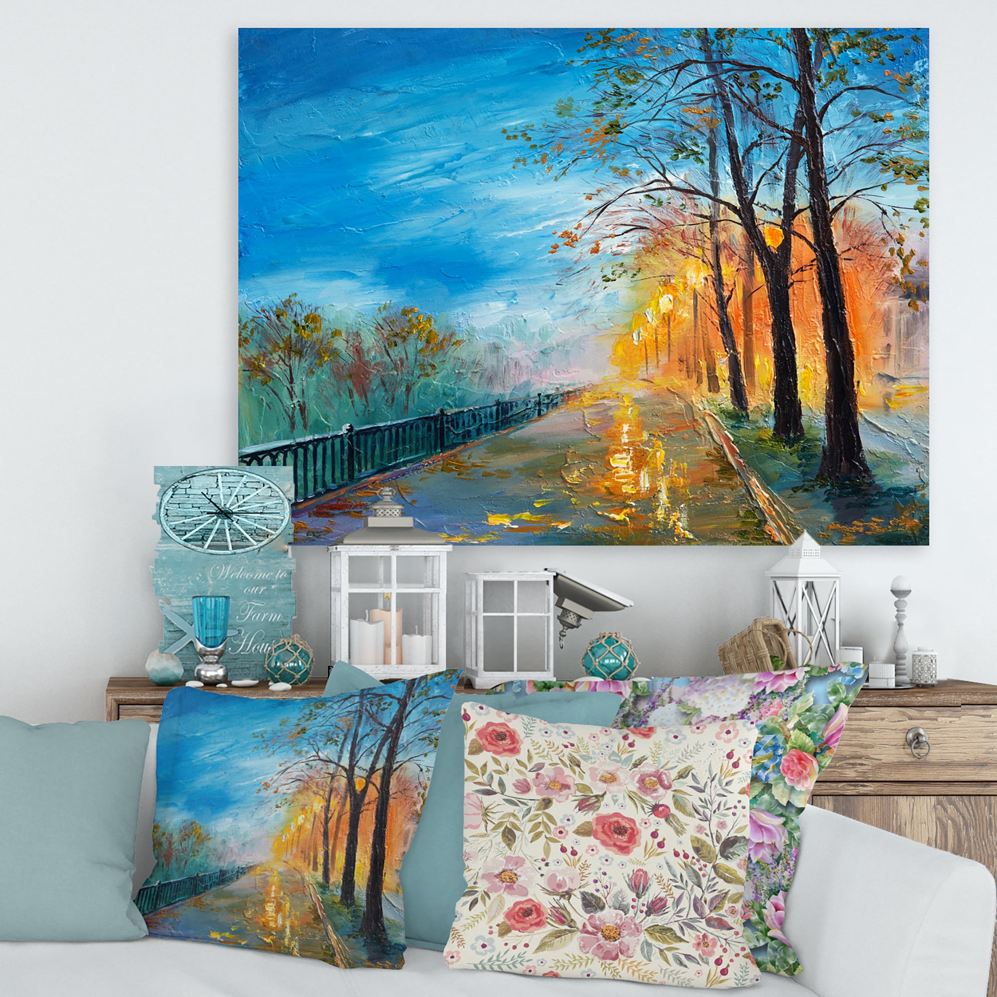 Designart ' Autumn Road in Evening ' Traditional Canvas Wall Art Print