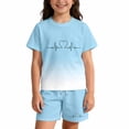 thumbnail image 2 of OOOUM Girls Summer 2 Piece Short Set Silky Soft Tee & Shorts With Heart Print Cute Casual Graphic Clothing For Kids Sky Blue 5-6 Years, 2 of 5