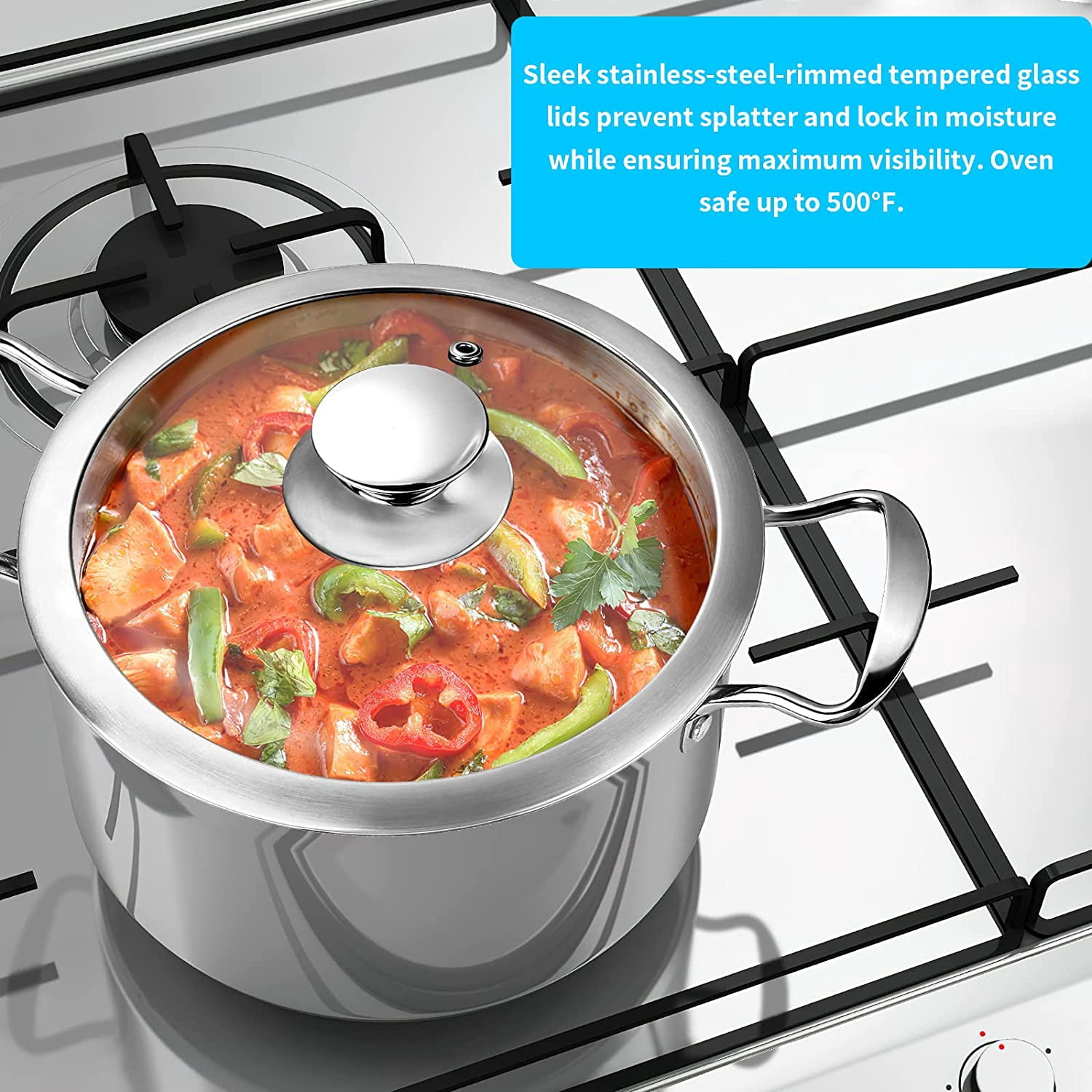Stainless Steel Pots and Pans Set, 7-Piece Kitchen Cookware with Glass Lids, Stay-Cool Handles, Oven Safe for Induction Electric Gas, Dishwasher Safe Silver