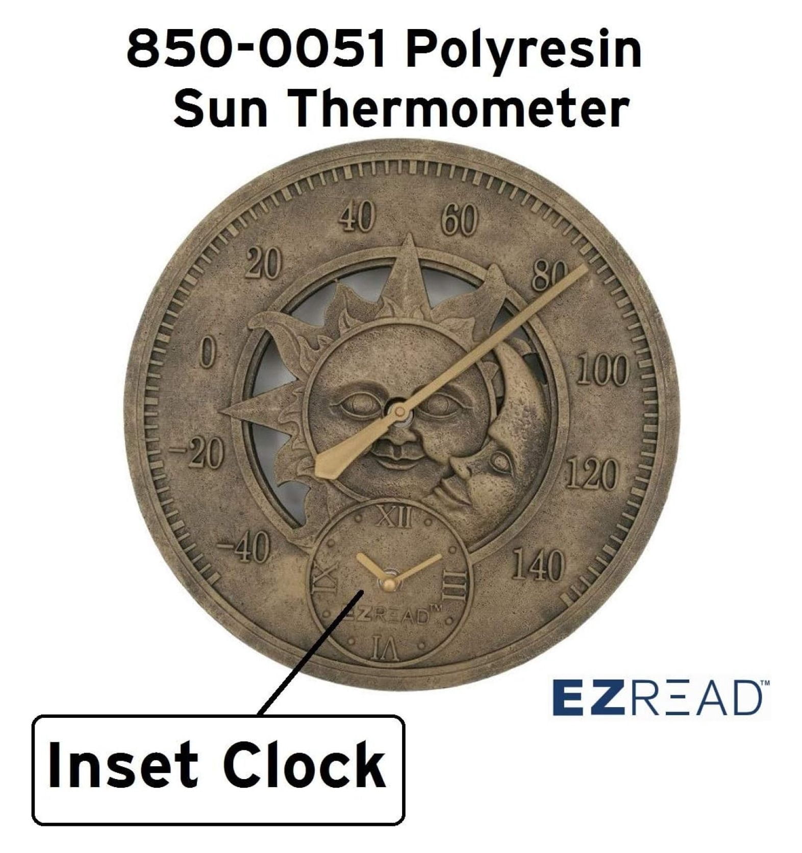 Consumer Products 850-0051 Thermometer/Clock with Sun and Moon 12"