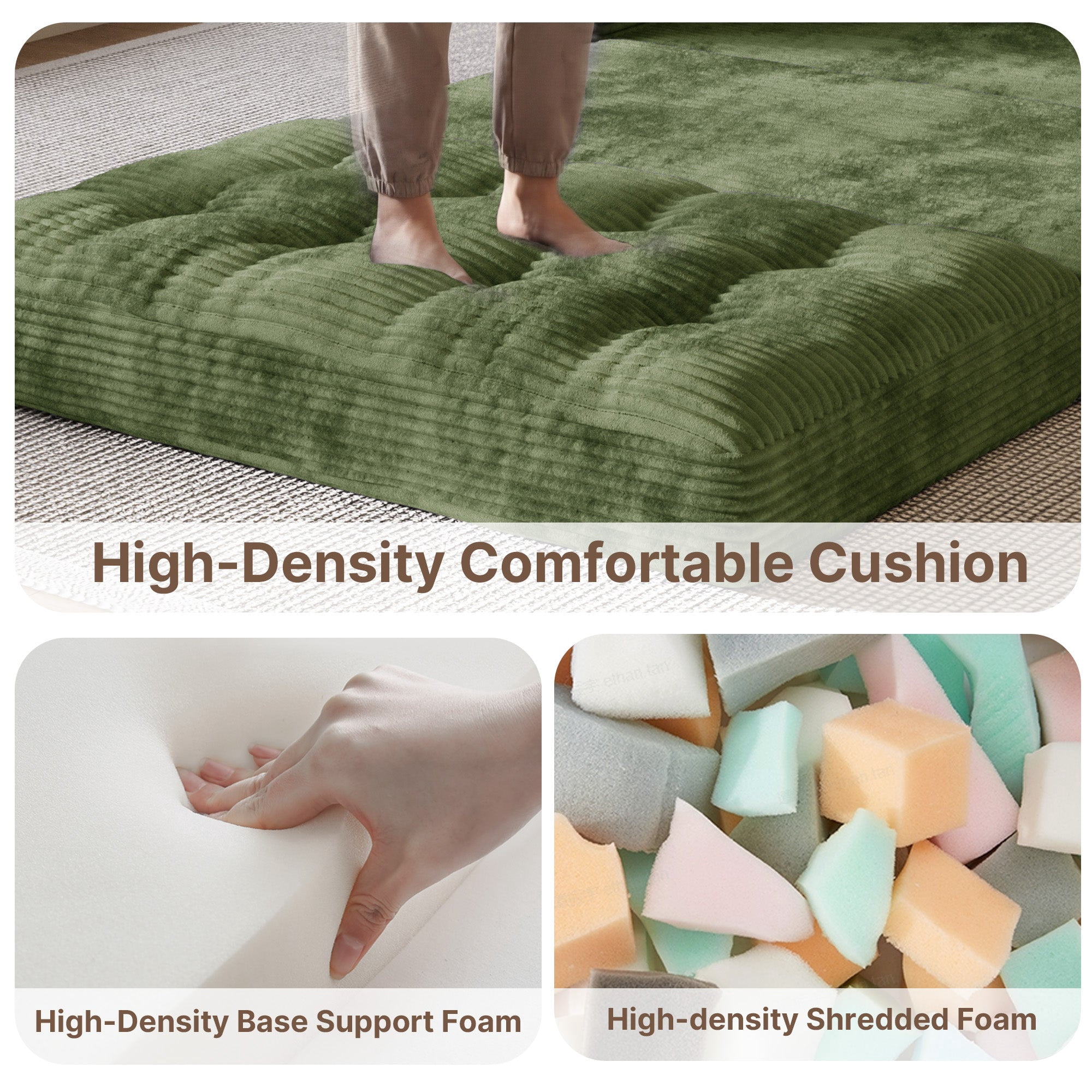 Corduroy Convertible Sleeper Sofa Bed, Loveseat Couch with Storage Pockets & Pillow for Small Spaces, No-Assembly Floor Sofa for Living Room Bedroom Apartment, Green