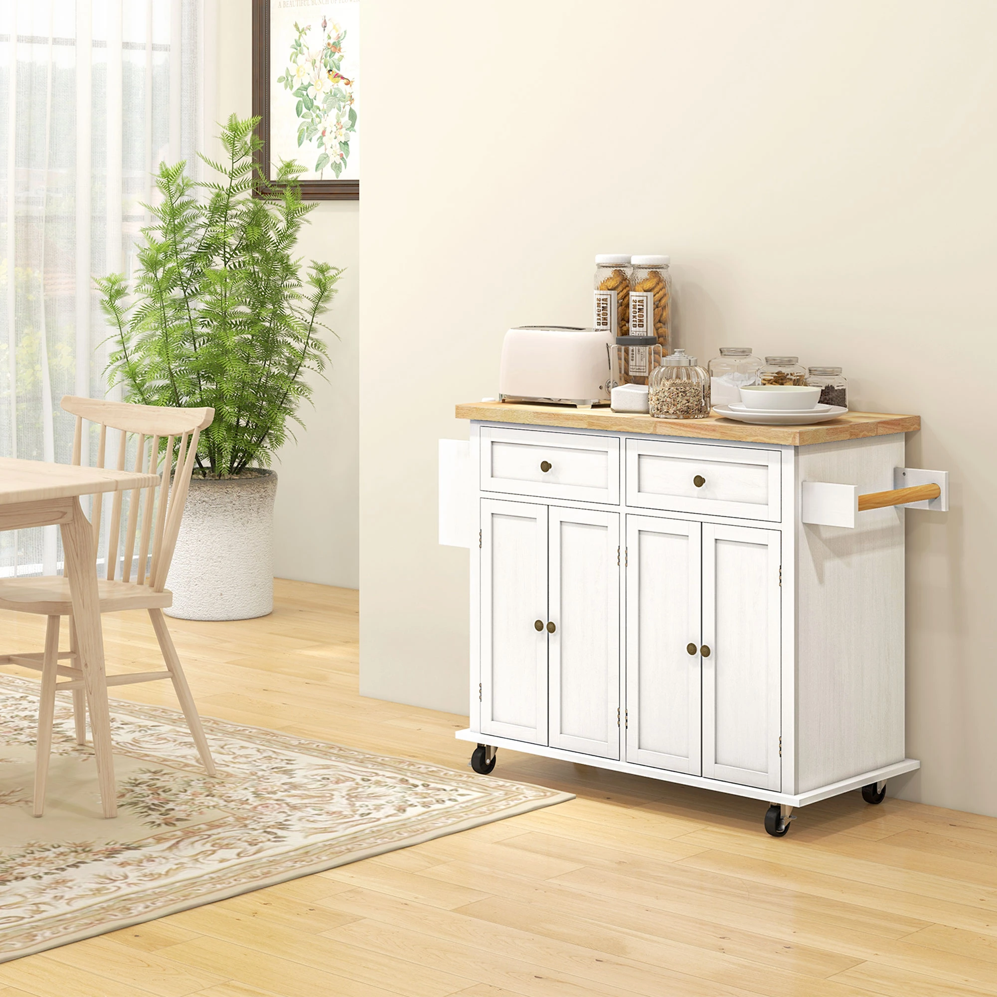 Kitchen Island Cart with Rubber Wood Top, Rolling Kitchen Island Table with Drawers, Adjustable Shelves, Spice Rack & Towel Rack — White