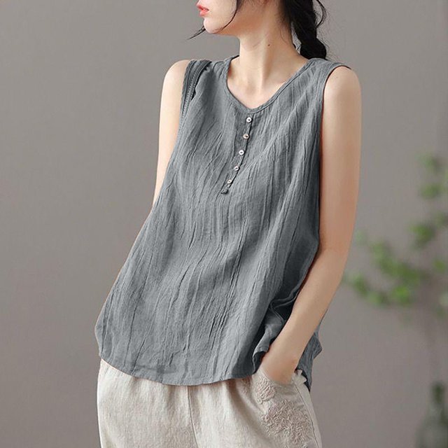 JMKQLZ Ladies' Fashionable Solid Color Cotton And Linen Round Neck Loose Ves Top