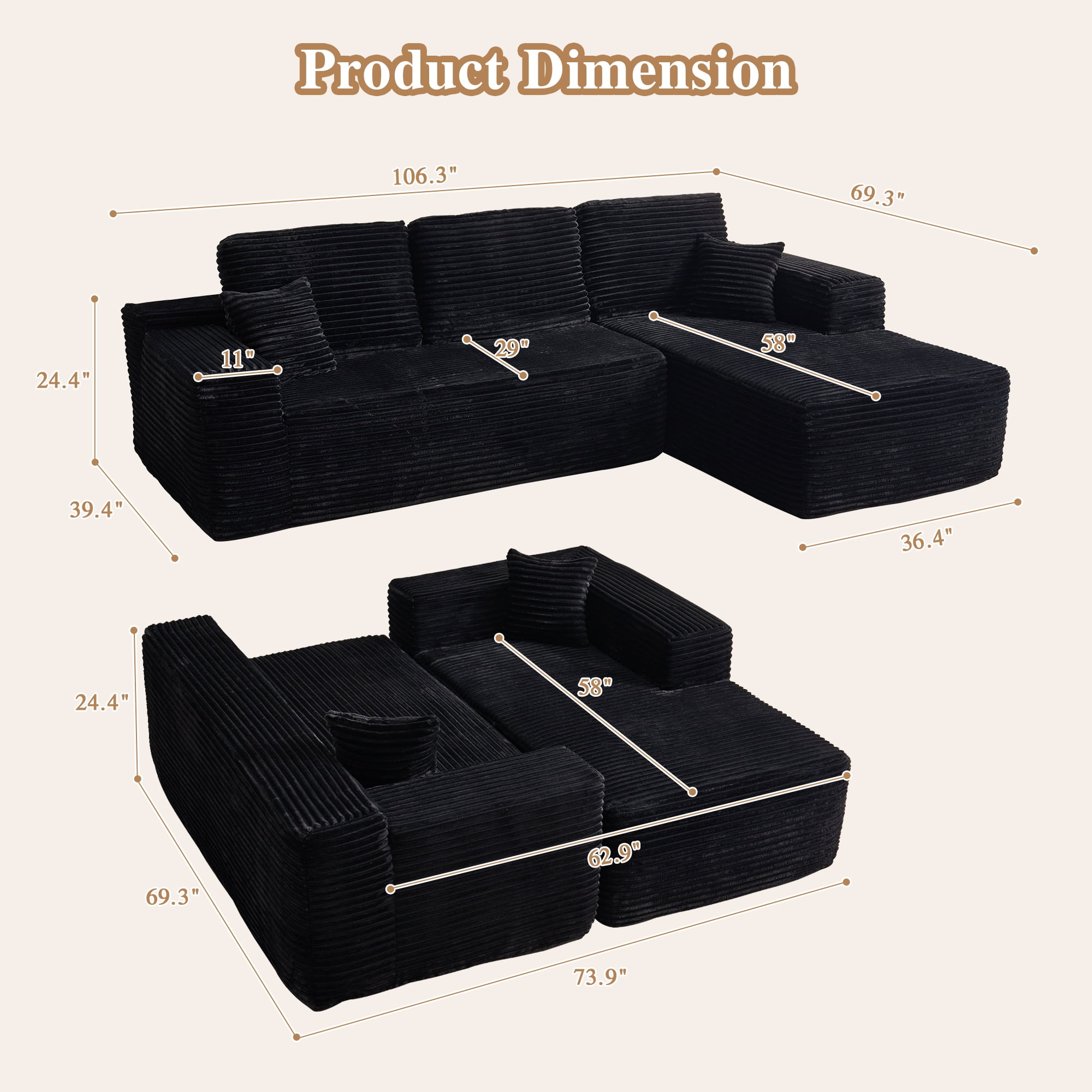 Ovios 106" Cloud Sofa Couch No Assembly Boneless Deep Seat Sofa for Living Room, Black(Plush Corduroy)