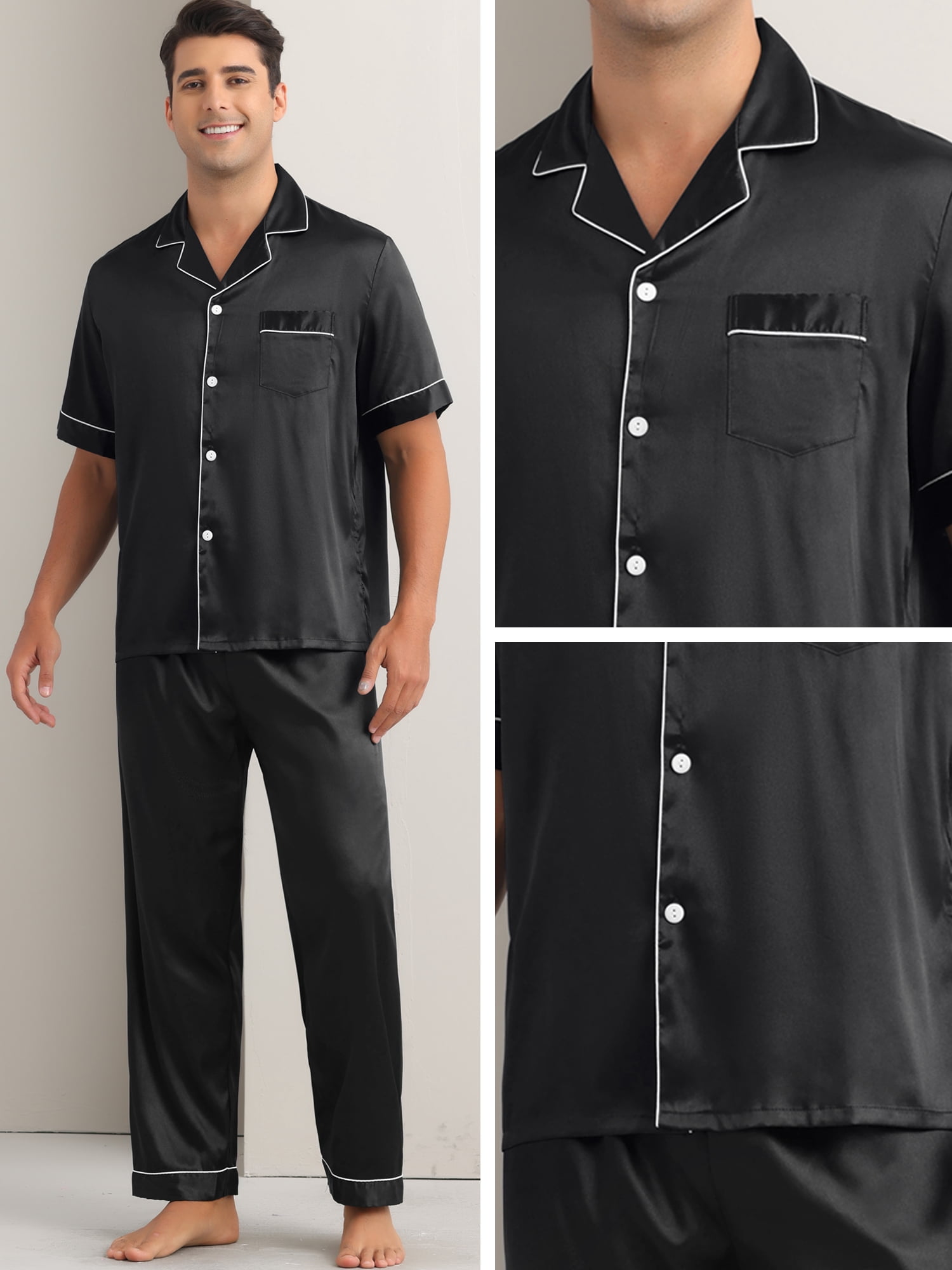 DARING DIVA Men's 2-Piece Pajama Set Button Down Short Sleeve Shirt Pants S Black